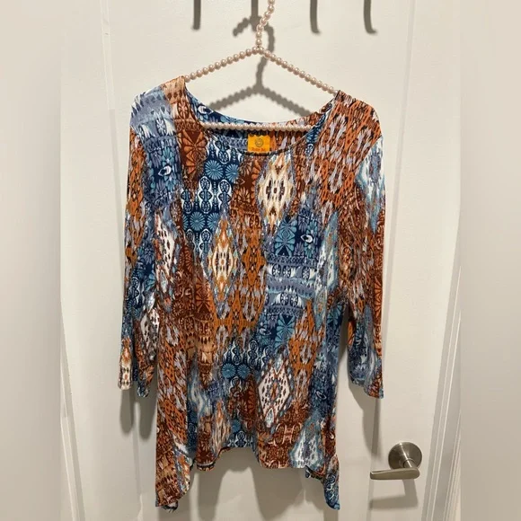Ruby Rd. Blue and Brown Geometric Blouse - Picture 2 of 6